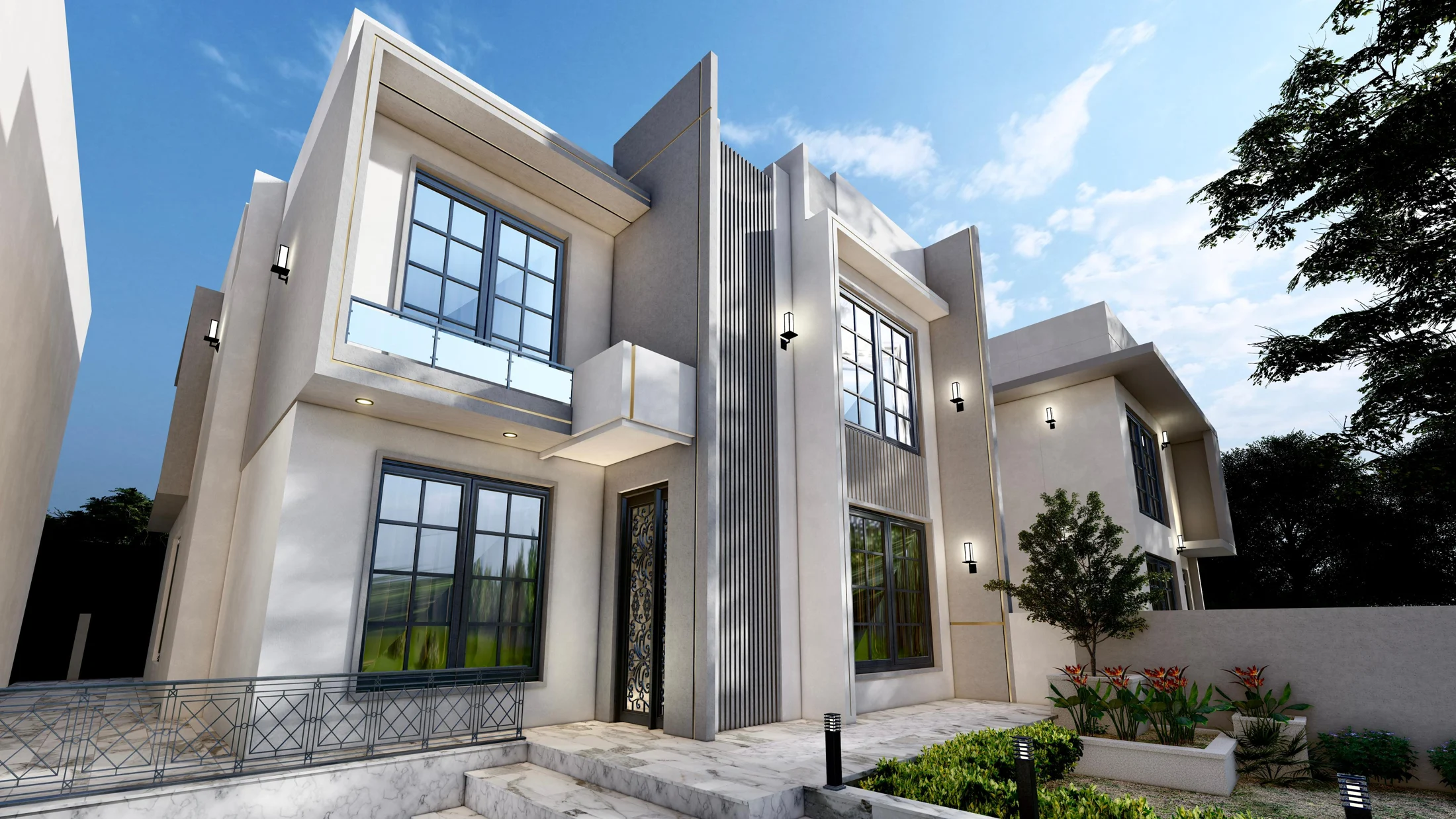 Contemporary villa with tall glazing and stone details