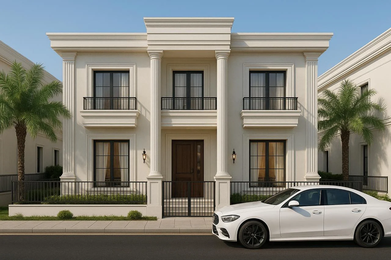 A classical villa with columns and warm limestone tones