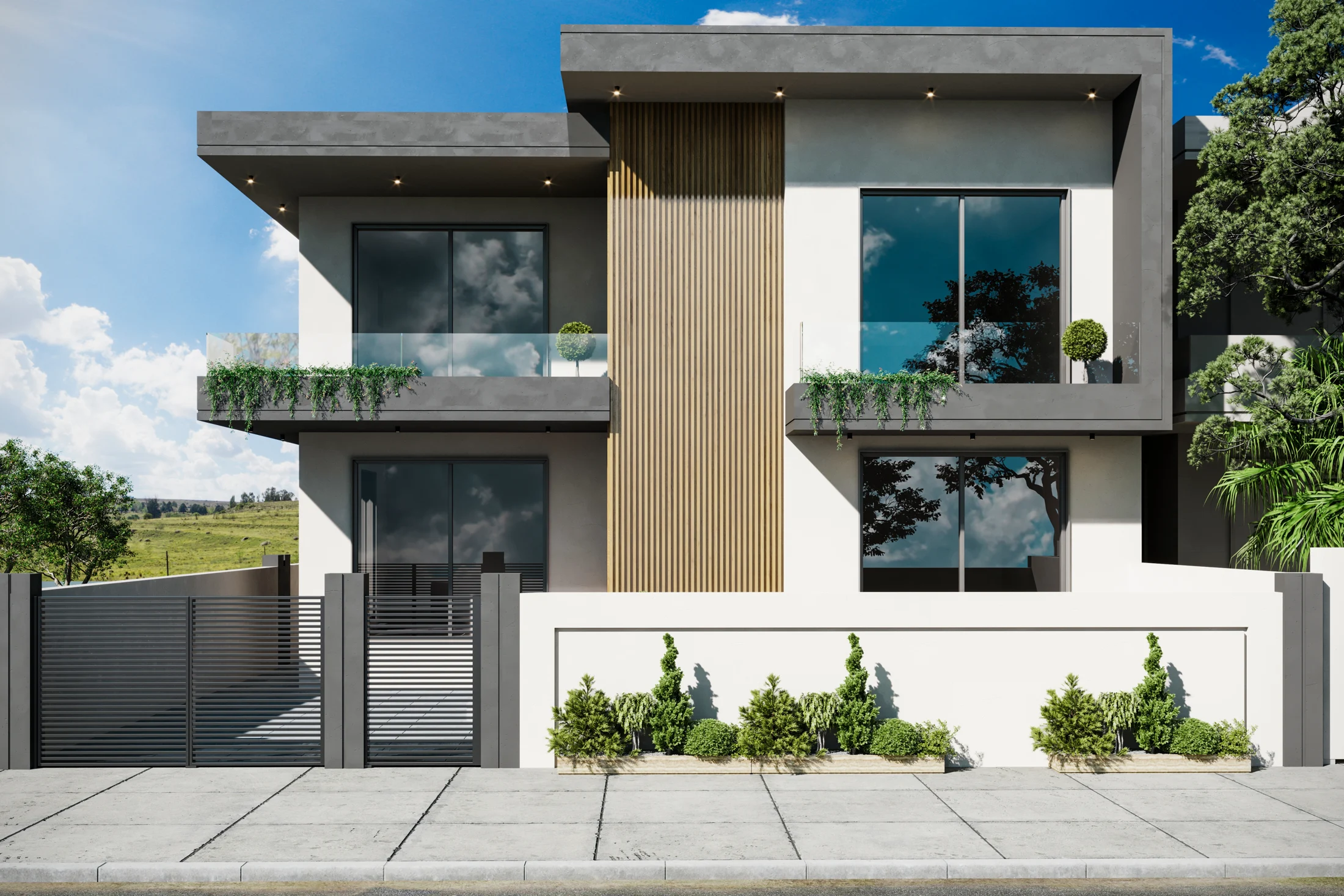 A modern villa with wood accents and planted balconies