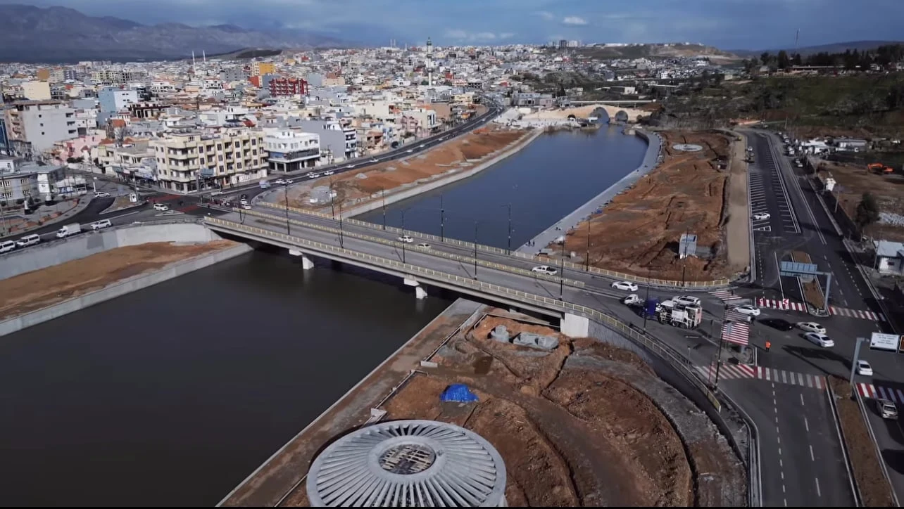 The Khabur River and bridges connecting the city of Zakho, with mountains beyond
